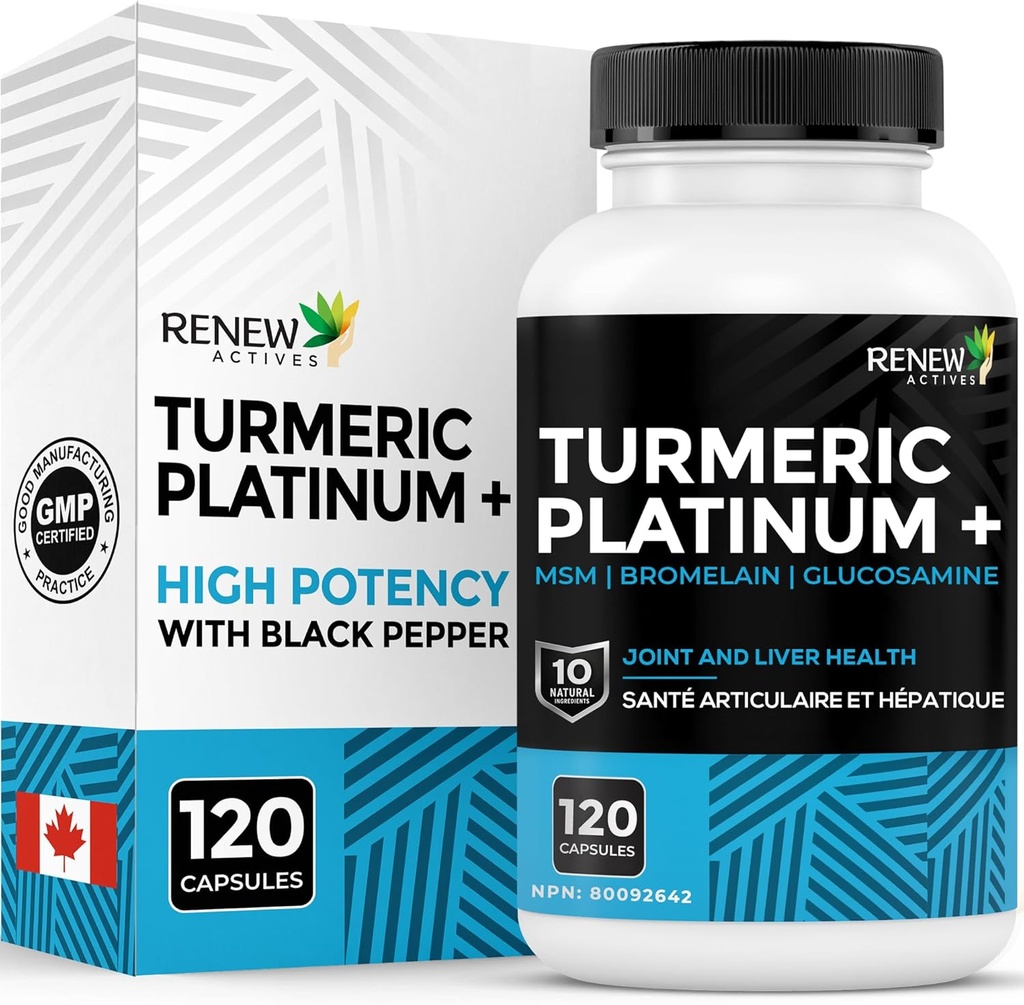 Fornye Actives Turmeric Platinum 1350MG per 3 Kapsler med svart pepper og ginger – Antioksidant, lever og digestiv støtte – Reduserer inflammasjon og øker immuniteten – laget i Canada – 120 Kapsler