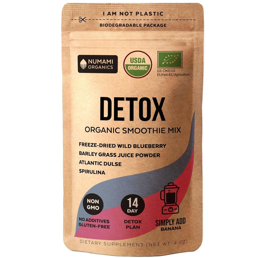 Numami Organic Detox Blueberry Smoothie Powder com espirulina saudável, Dulse Atlântico e Cevada Juice de grama em pó, Premium qualidade superalimento da Europa