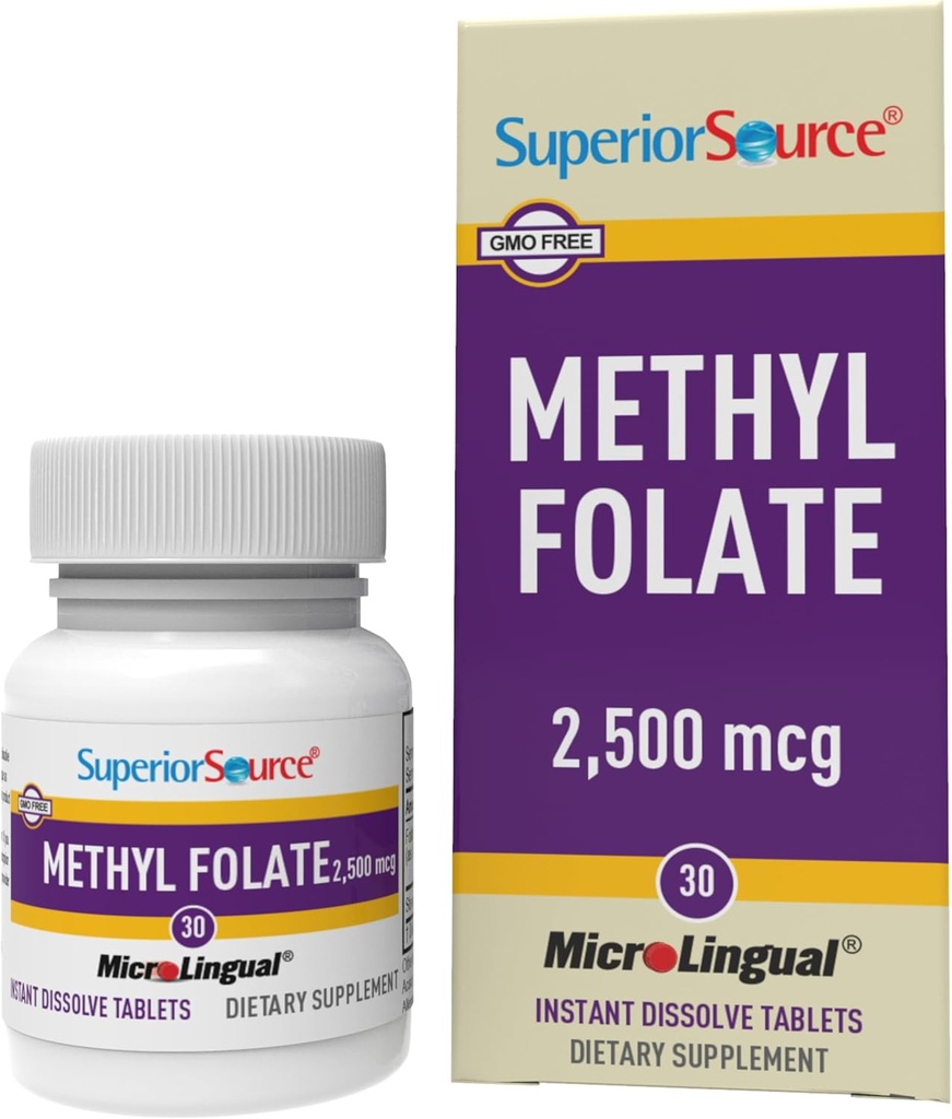 Source supérieure Folate de méthyle 2 500 mcg - Supplément de folate pour les femmes et les hommes - Supplément de folate de méthyle soutient le système nerveux sain et les cellules du sang rouge - 30 comprimés de dissolution sublinguale