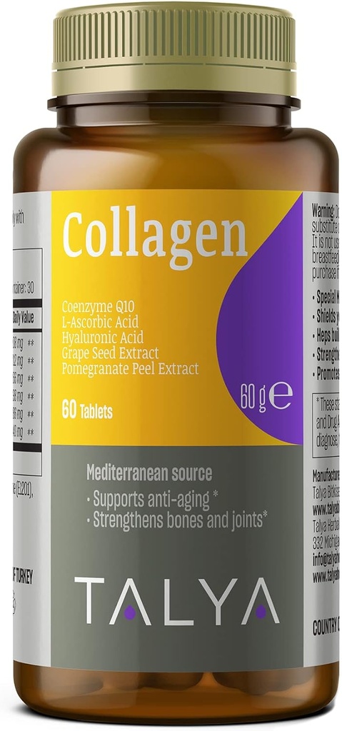 TALYA Collagen Pills con ácido hialurónico + vitamina C | Collagen hidrolizado para mulleres e homes | Cabelo, pel e unhas | Non-GMO | 60 cápsulas