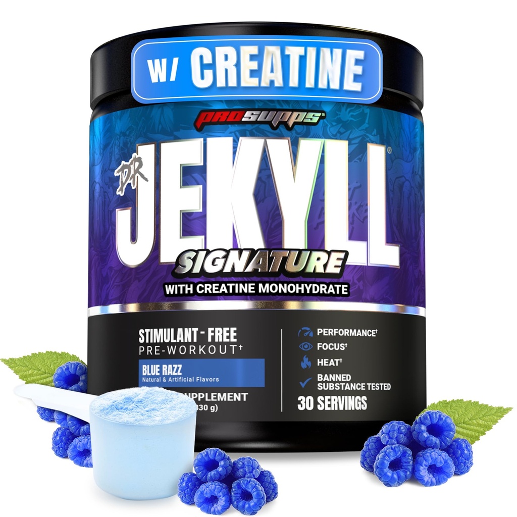 ProSupps Dr. Jekyll Signature Pre Workout Powder with Creatine - Stim-Free Preworkout Supports Focus & Endurance - Caffeine Free Gym & Fitness Supplements (Blue Razz, 30 Servings)