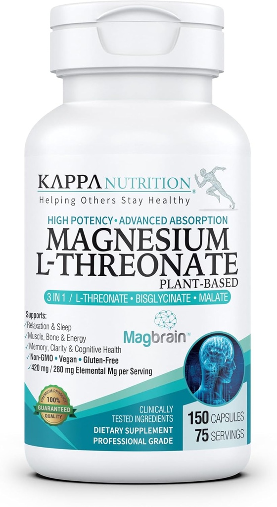 Kappa Nutrition Power by Magbrain ™ Magbrain L- Threonát Plant- based, 420mg Elemental Magnesium (3 kapsle) from 2,253mg, 150 Vegan Capsules, Brain, Sleep & Muscle Support.