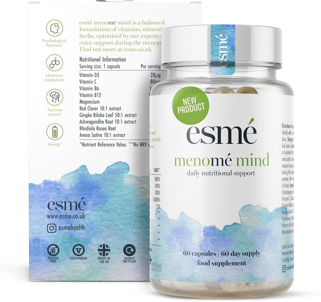 esmé menomé Mind - Daily Nutritional Support Преди, по време и след Менопаузата       по два месеца доставка на 60 капсули, Съдържа ashwagandha и Gingko boloba