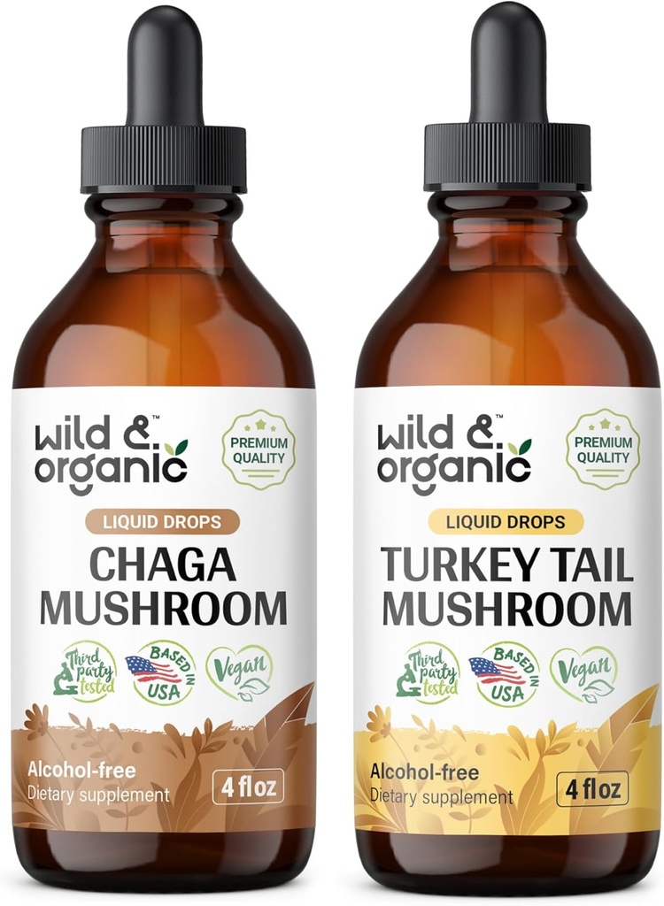 Wild & Organic Chaga Mushroom Tinctuur 4 fl oz & Turkey Staart Paddestoel Tinctuur 4 fl oz
