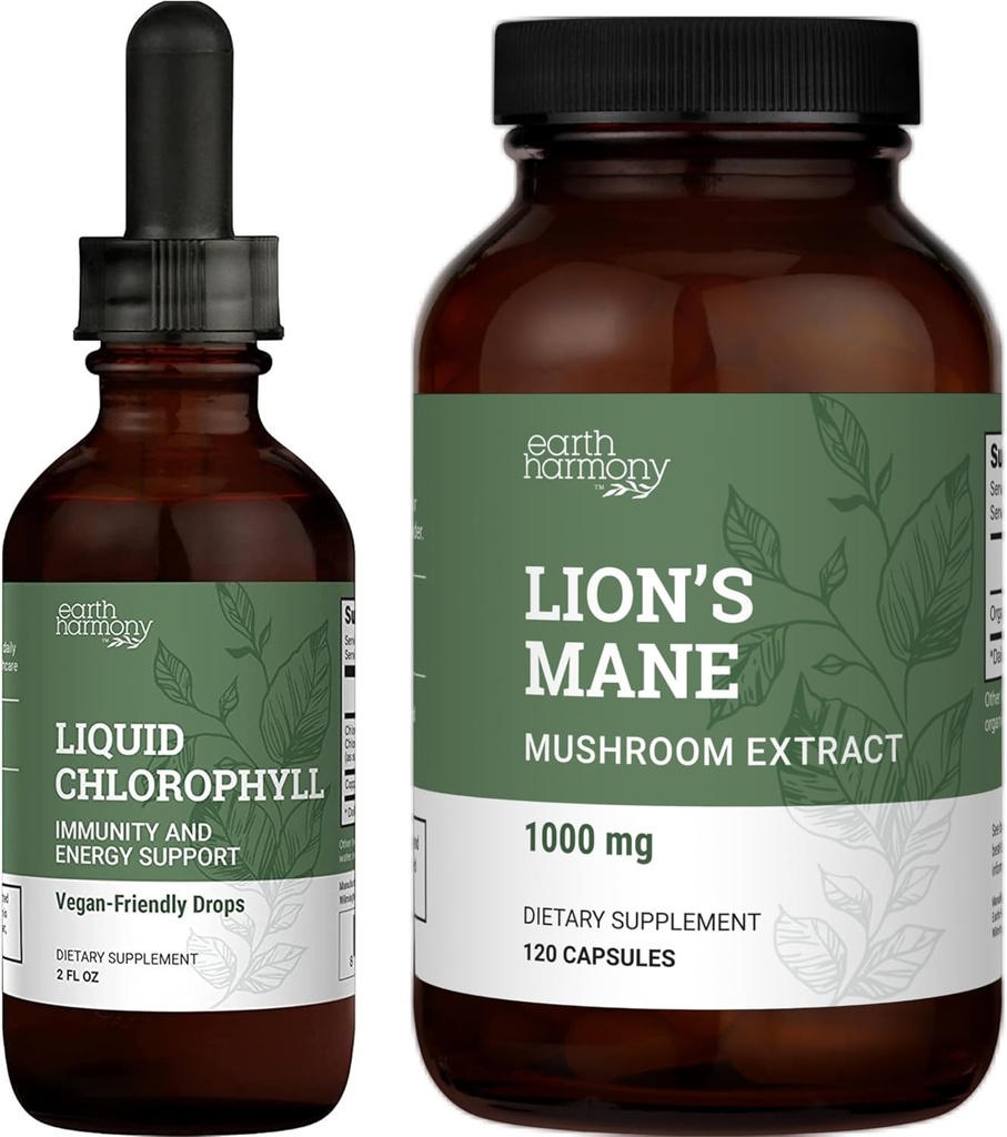 Earth Harmony Lion's Mane & Chlorofyl - 120 Capsules & 2 Fl Oz