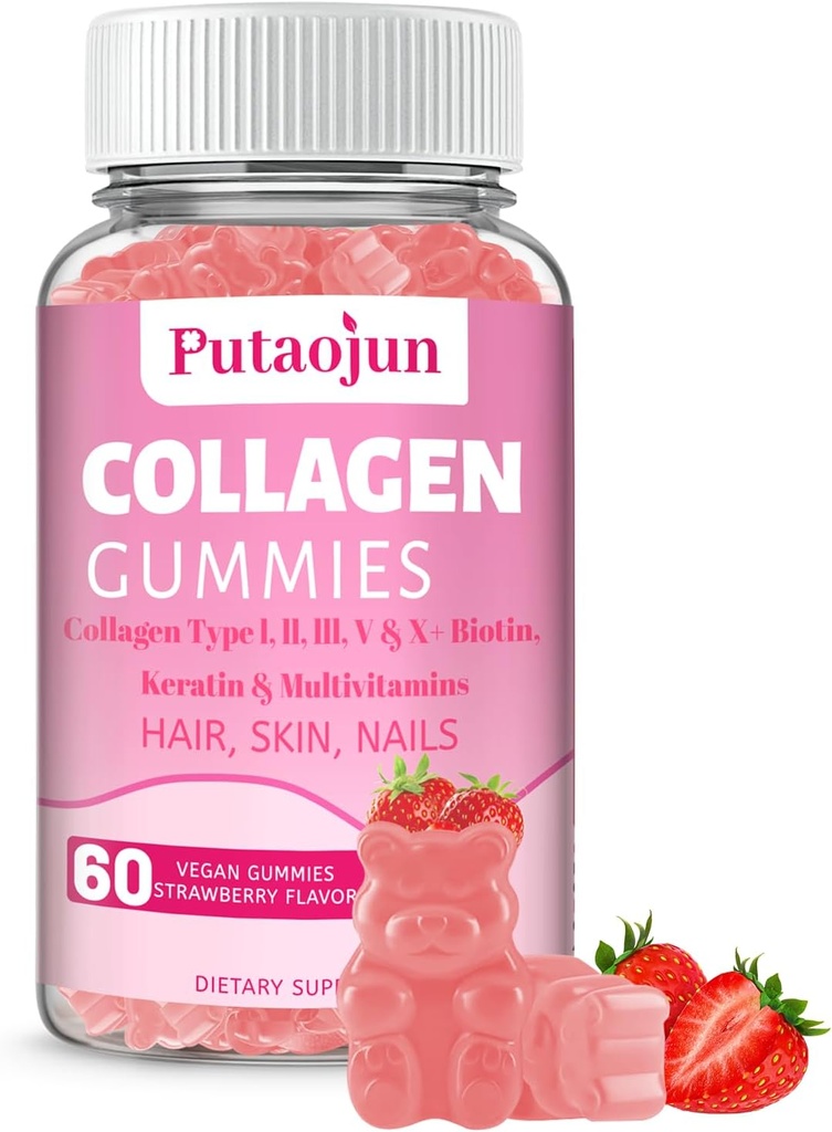 Collagen Gummies | Hair, Skin & Nails Gummies with Biotin Vitamin C, E, & Zinc | Strawberry Flavored | Collagen for Women | Strawberry Flavored | 60 Count