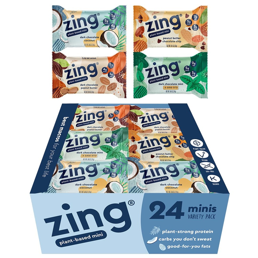 Zing Kids Protein Bary Variety Pack, Gluten Free 100 Calorie Mini Bary s vysokým proteinem, Vegan Nutrition Bary, Dairy Free Plant Based Protein - 24 počet
