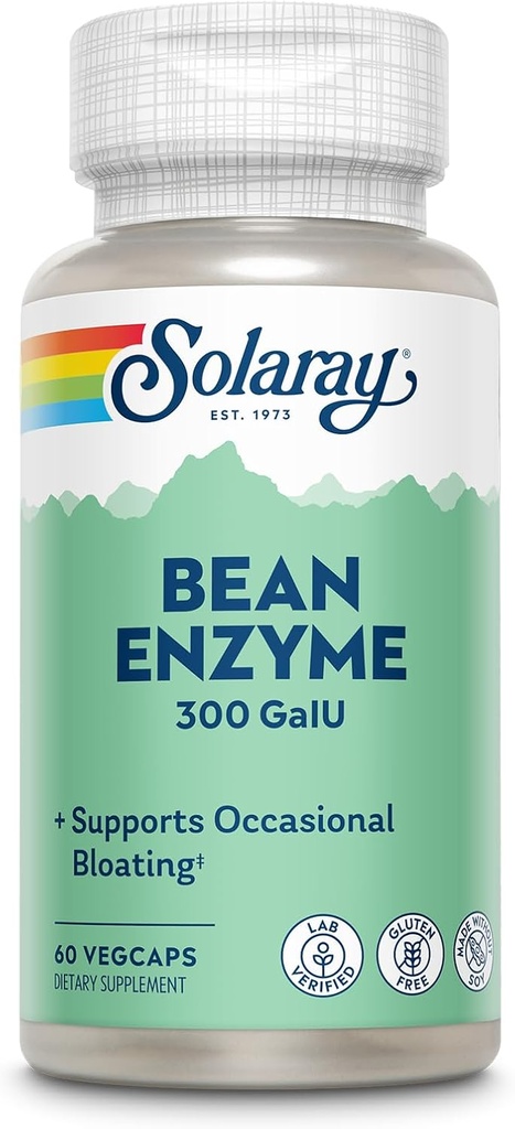 Solaray Bean Enzyme 300 GalU - Alpha Galactosidase Digestive Enzymes for Women and Men - Digestive Health Supplement - Stöder Occasional Bloating and Gas Relief for Adults - 60 Servings, 60 VegCaps