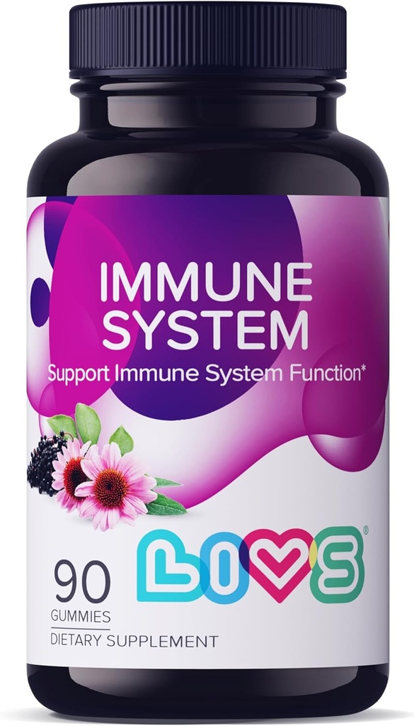 LIVS Immune System Elderberry Gummies för vuxna och barn | Avancerad Immune Support Supplement med vitamin C, Echinacea, & Propolis | Vegan & Gluten Free Gummy Vitamins | 200mg Elderberry / dos -90 Ct