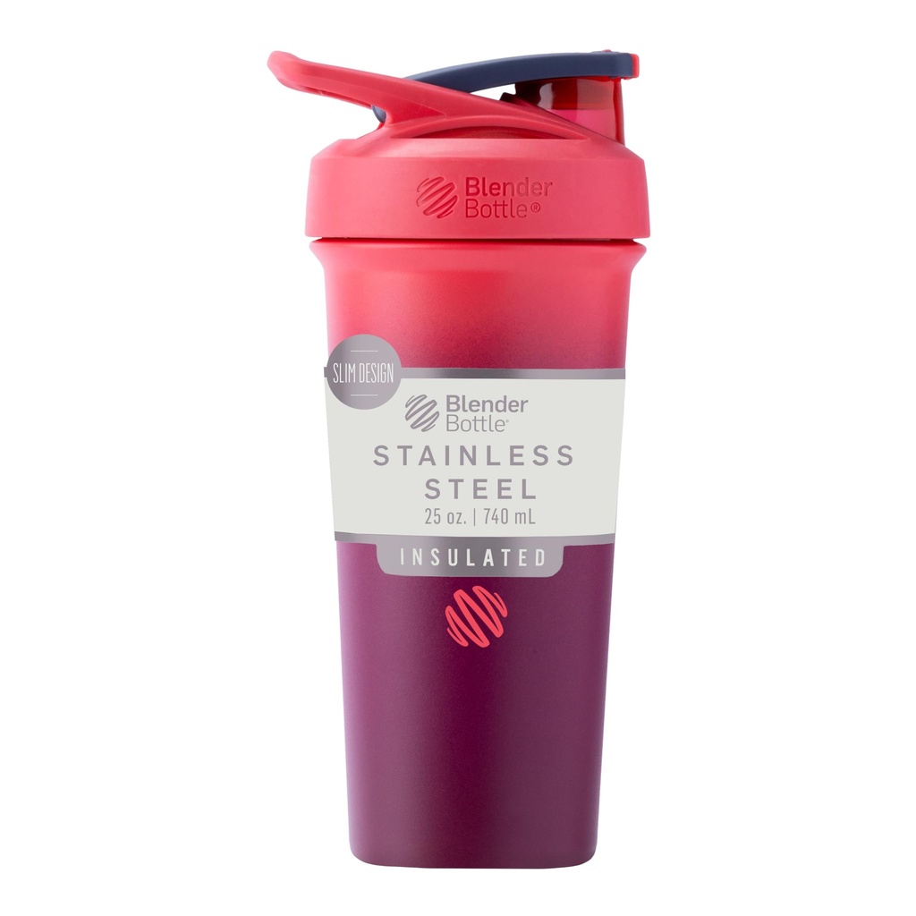 BlenderBottle Sport Sleek Insulated Stainless Steel Shaker Bottle with Wire Whisk, 25-Ounce, Protein Shakes & Hydration for Athletes & Fitness Enthusiasts, Easy Mixing, Lockable Lid, Sangria Ombre