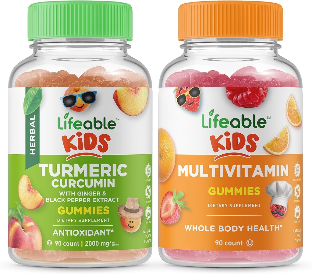 Żywa kurkumina Kurkumina Dzieci + Multiwitamina Dzieci, Gummies Bundle - Great Tasting, Suplement witaminy, Gluten Free, GMO Free, Gummy do żucia