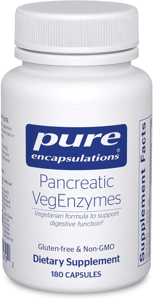 Encapsulacións puras VegEnzimas pancreáticos | Suplemento hipoalerxénico para carbohidratos, lípidos e dixestión de proteínas | 180 cápsulas