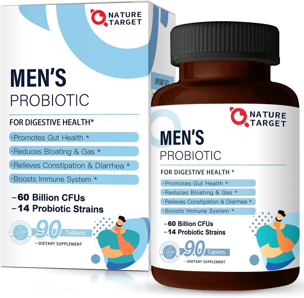 NATURE TARGET Probiotics for Men with Men Care supplement, Prebiotics " Probiotic for Men's Digestive and Immune Health,60 Billion CFUs " 14 Strains Shelf Stable, Gluten " Free (90 Tablets)