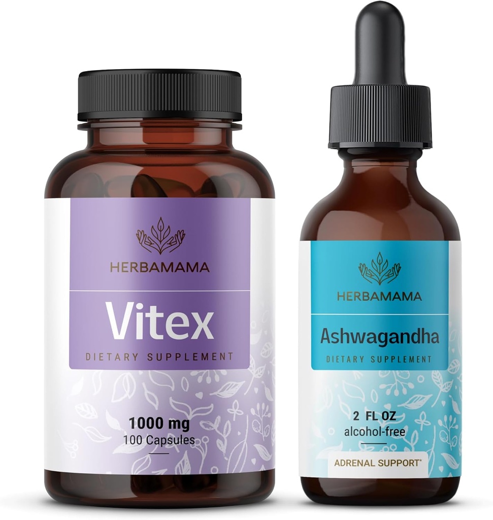 HERBAMAMA Vitex ja Ashwagandha Kit - 1000 mg Vitex Chasteberry kapslid & Ashwagandha Liquid Drops 2 fl oz - Vegan, mitte-GMO, suhkur ja alkoholivaba - 2 Pack