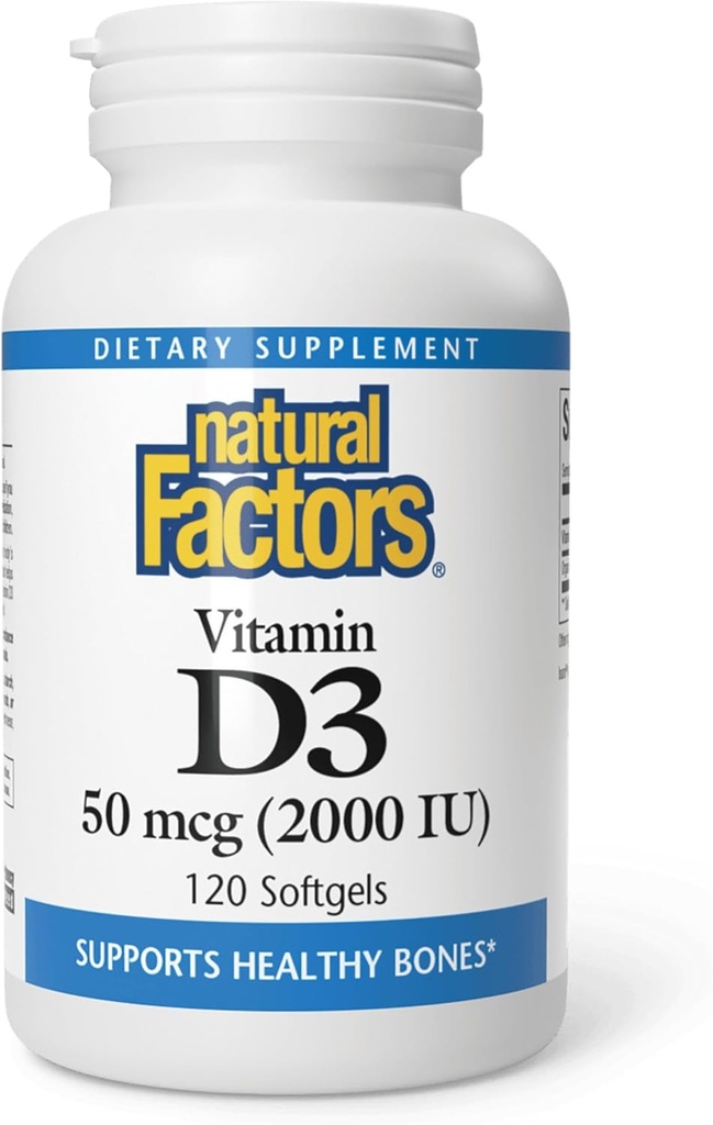 Factores naturales, Vitamina D3 2000 UI (50 mcg), soporta huesos fuertes, músculos y función inmunitaria, 120 Softgels
