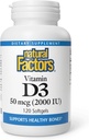 Fattori naturali, Vitamina D3 2000 IU (50 mcg), Supporta ossa forti, muscoli e funzione immunitaria, 120 Softgels