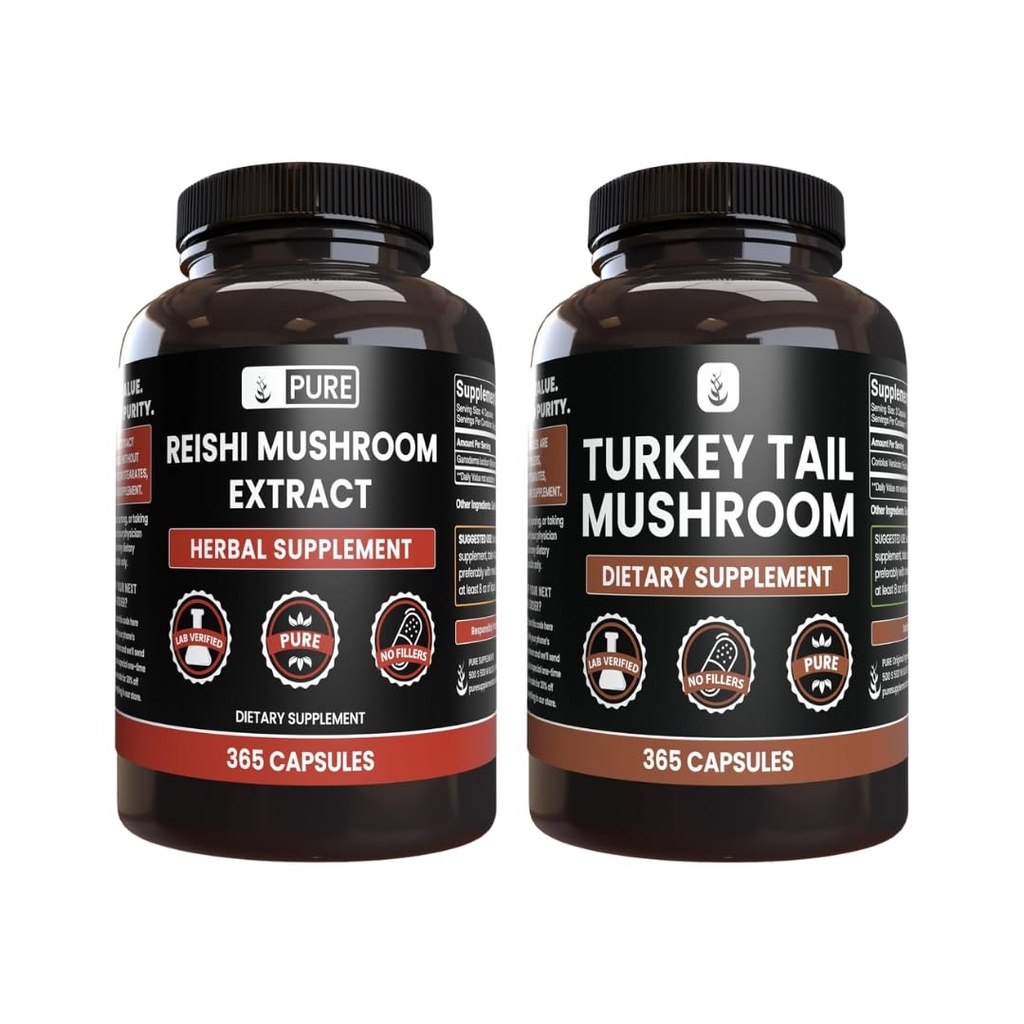 PURE ORIGINAL INGREDIENTS Reishi Mushroom & Turkey Tail Mushroom Capsule Bundle (365 Capsules), Always Pure, No Additives or Fillers