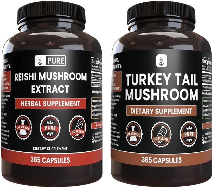 PURE ORIGINALE INGREDIENTS Reishi Mushroom & Tyrkia Tail Mushroom Capsule Bundle (365 kapsler), alltid ren, ingen tilsetningsmidler eller fyllstoffer