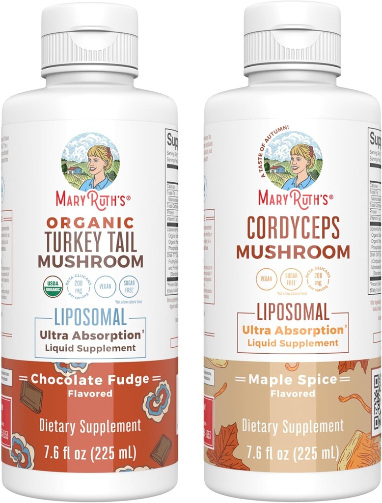 MaryRuth Organics Mushroom Liposomals: Turquía Tail (Chocolate Fudge) & Cordyceps (Maple Spice) | Clean Label Project Verified® | Inmunidade, Enerxía e Saúde Global | Vegan, Non-GMO, Gluten Free