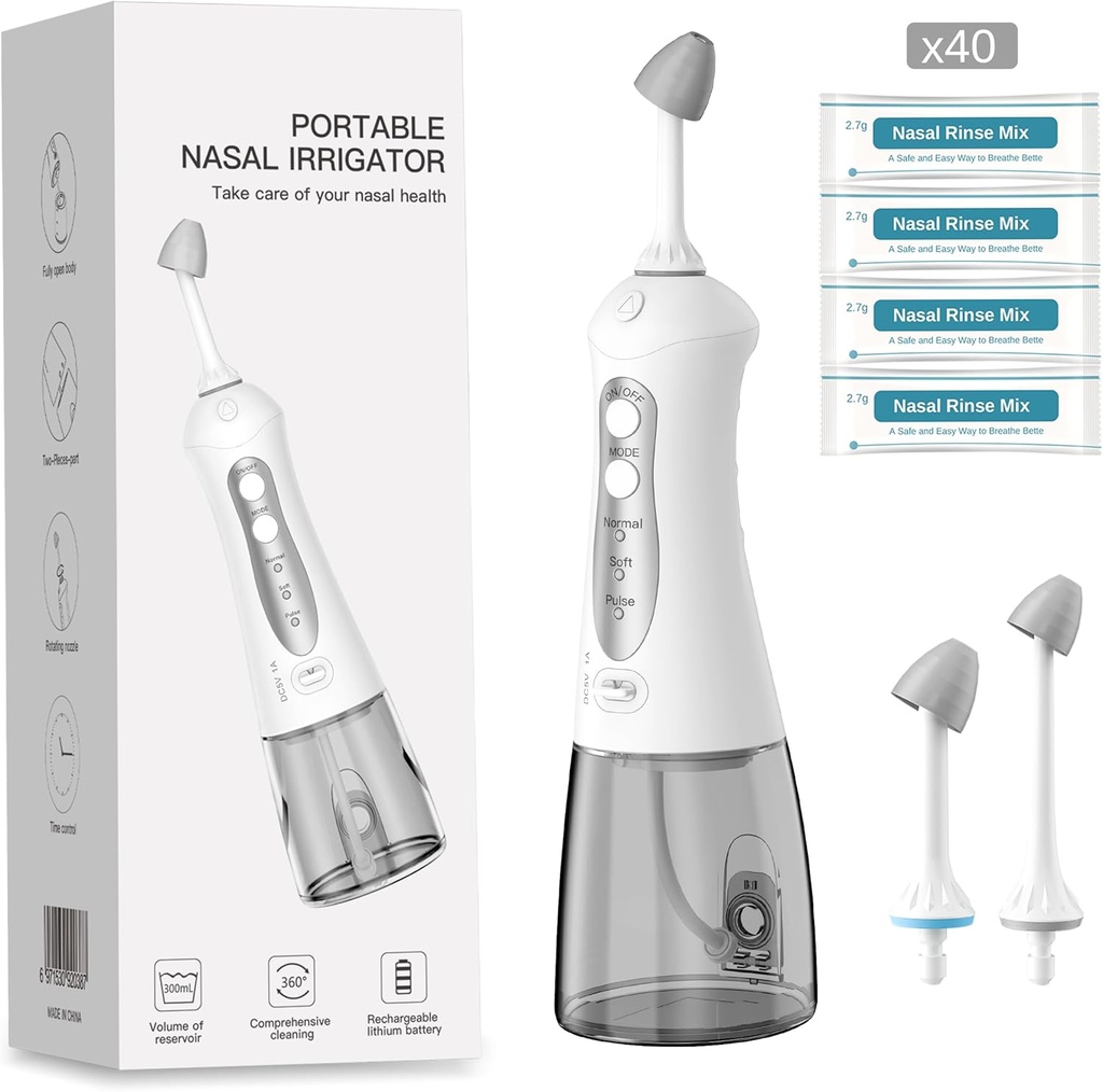 luckin smile Nasal Irrigation System, Nasal Rinse Machine for Sinus Relief, 3 Pressures Sinus Rinse IPX7 Waterproof Automatic Neti Pot with 40 Saline Packets,300ML Large Tank for Travel and Home