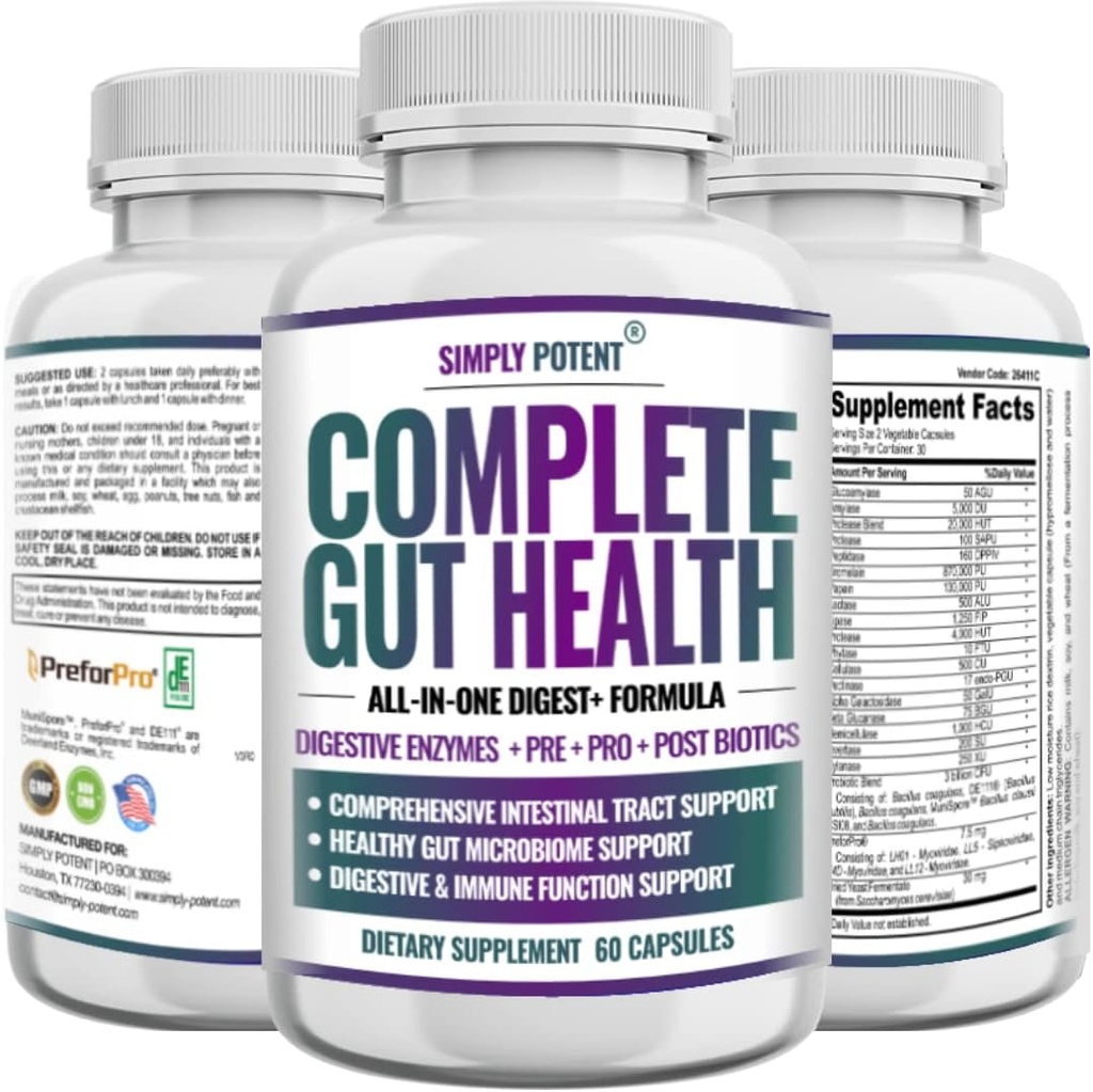Komplett Gut Health, Digestive Enzymes Plus Prebiotic, Probiotic & Post Biotic Gastrointestinal Support, stöder Gut Health & Immune Function, 60 kapslar
