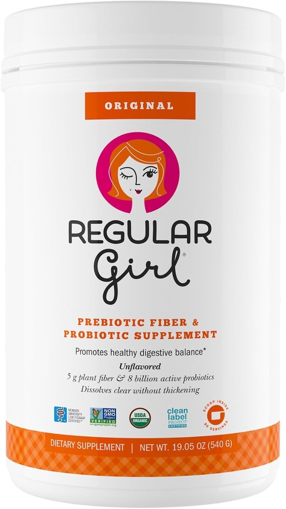 Regular Girl Organic Powder, Prebiotic Fiber Supplement und Probiotics für Damen, Low FODMAP, 90 Day Bulk Supply, Unflavored, 90 Portionen