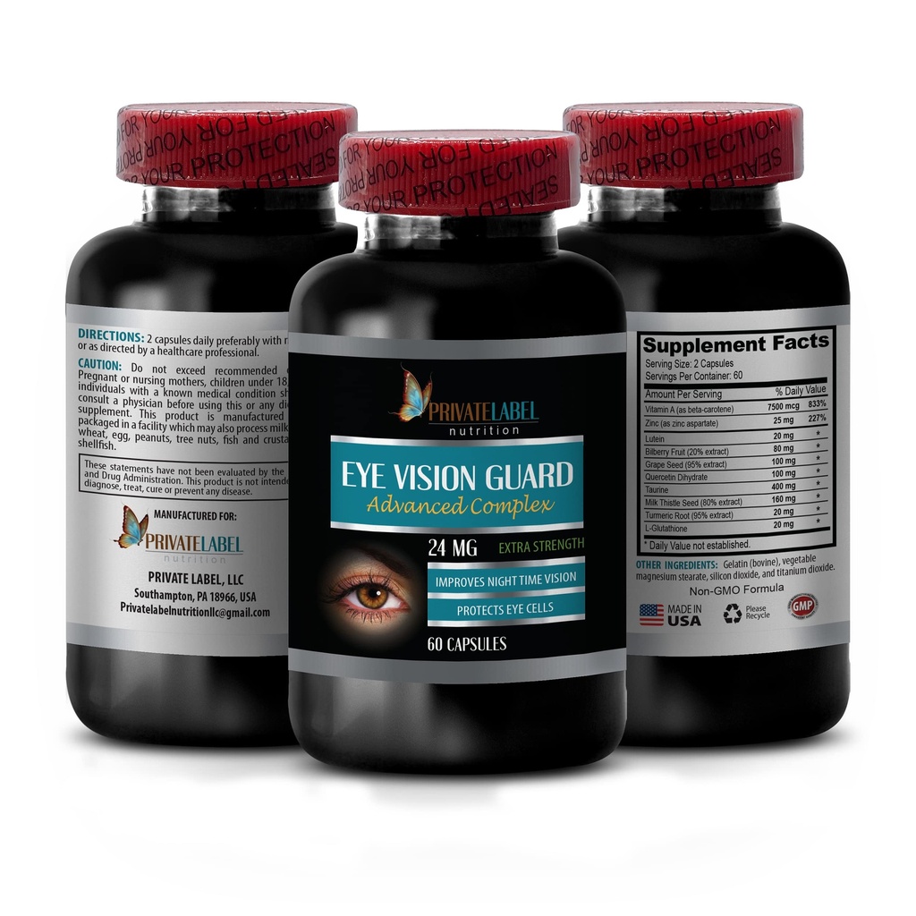 Vision Vitamins with Lutein - Eye Vision Guard 24 MG - Advanced Complex, Eye Vision Support, Lutein Supplements, Vitamin A Supplement, Turmeric Extract, Bilberry Extract, Taurine, 1 Bot 60 Capsules