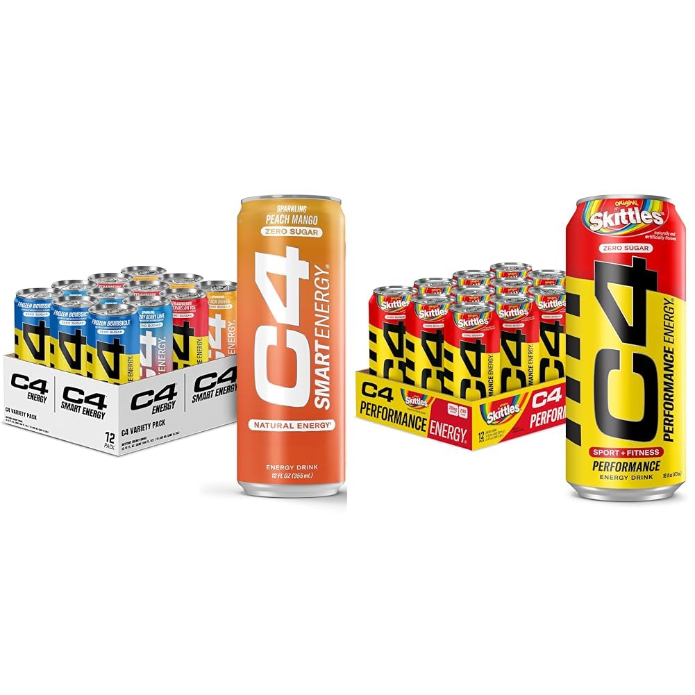 C4 Energy & Smart Energy Drinks Variety Pack, Sugar Free Pre Workout Performance Drink & C4 Energy Drink, Skittles, Carbonated Sugar Free Pre Workout Performance Drink