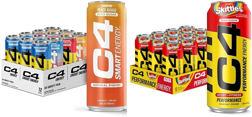 C4 Energy & Smart Energy Drinks Various Pack, Sugar Free Pre Workout Performance Drink & C4 Energy Drink, Skittles, Carbonated Sugar Free Pre Тренировка Performance Drink