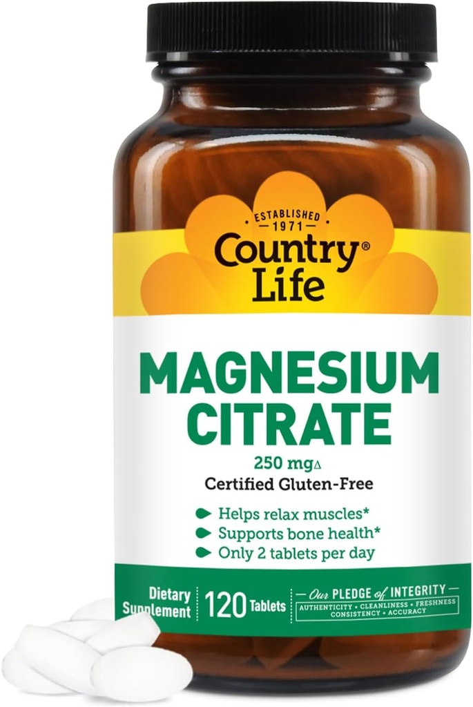 Country Life Magnesium Cittember 250mg - 120 Tablets - สนับสนุนกล้ามเนื้อ & Nerve Profile, Farty, Emmun System, การผลิตพลังงาน - Magnesium Complex Supplement
