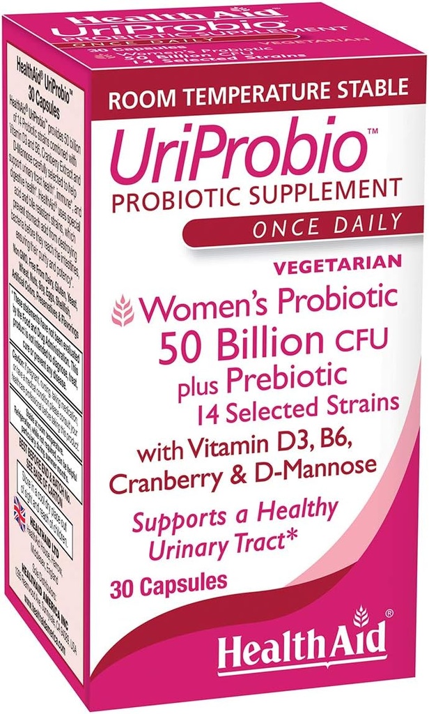 HealthAid UriProbio - 50 mila milioi CFU Emakumeen Probiotikoa Prebiotikoarekin, Cranberry, D-Mannose, D3 bitamina eta B6 | Urinary Tract & Digestive Wellness, Acid & Bile Resistant, Vegan