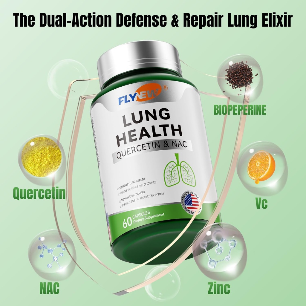 Lung Health, Herbal Quercetin& NAC, Breathe Support, Lung Cleanse, Vitamin C, Zinc, GMP, Made in USA 60 Capsules