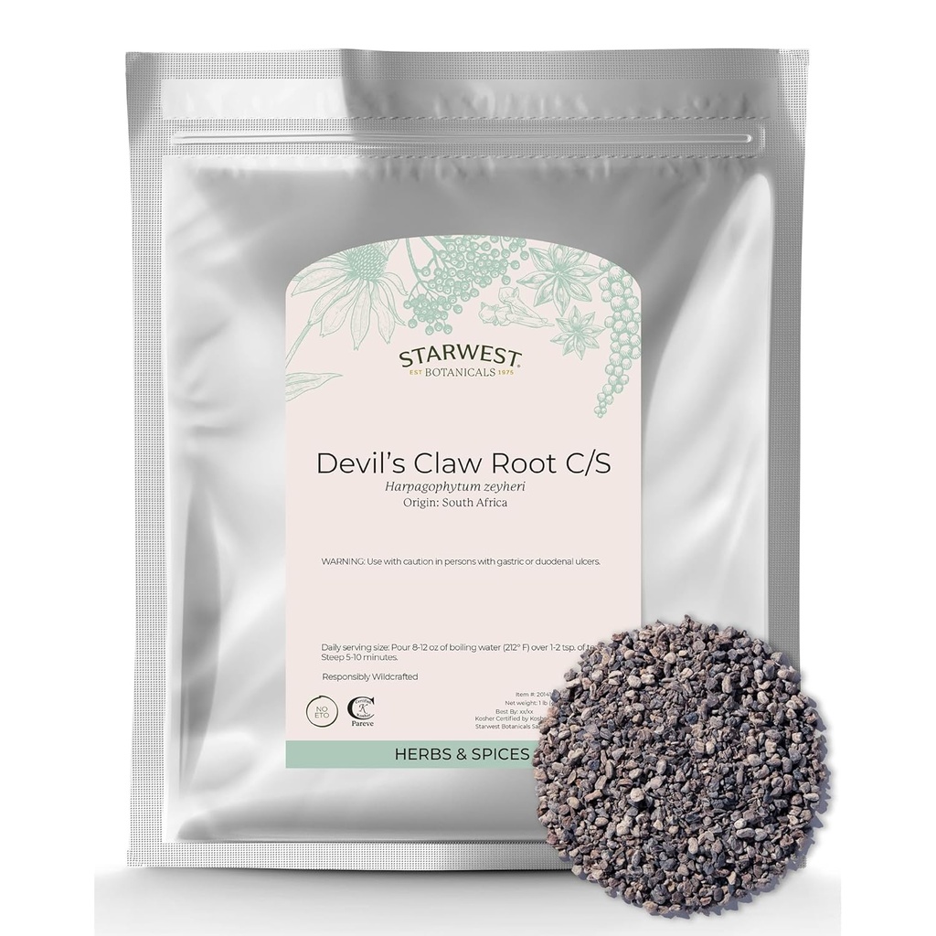 Starwest Botanicals Devil's Claw Root - Dried Herb for Tea ' Natural Herbal Blends, Pure Devil's Claw Root, Cut " Sifted, Wildcrafted, Certified Kosher - Bulk 1 lb Bag