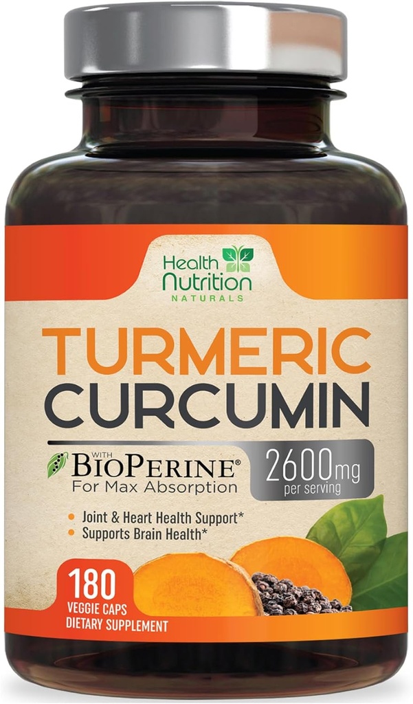 Turmeric Curcumin Supplement 2600mg -% 95 Curcuminoids Turmeric & BioPerine Black Pepper for Best Absorption, Nature's Vegan Joint Support, Non-GMO Tumeric, AEBn botilatua - 180 kapsula