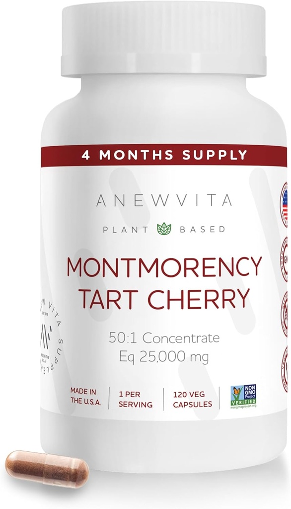 Мономентність Tart Cherry, Non GMO, Капсули - CherryPure 50:1 Концентрат ек. 25,000 мг - Антиоксиданти та флавоноїди, екстракт Tart Cherry для Gout & М'язи - 120 Veggie Capsules - 4 місяці постачання