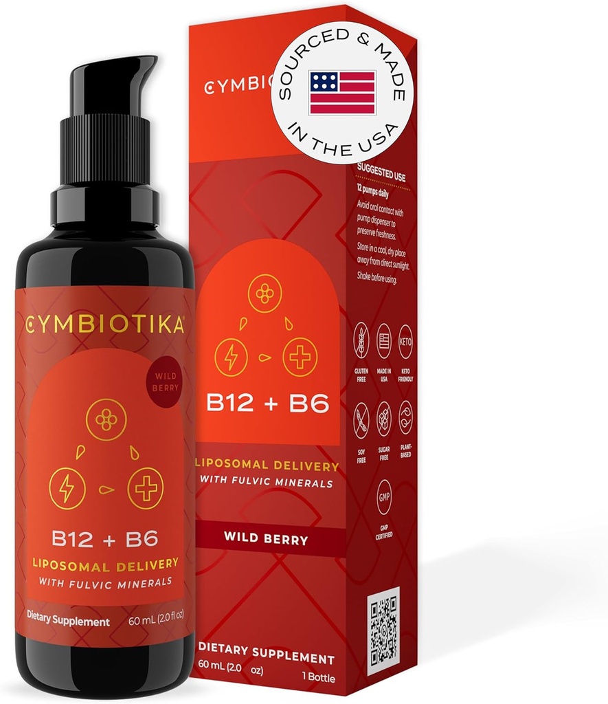CYMBIOTIKA Liposomal Vitamin B12 液体补充剂,1250 mcg,支持能源,细胞生产,帮助加强头发,皮肤和钉子,非GMO,Gluten Free,Sugar Free,Keto & Vegan Friendly, 2 oz
