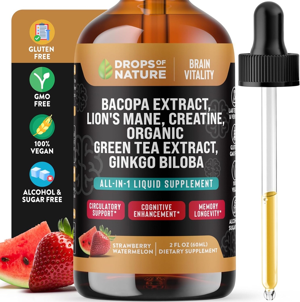 Creatine &quot; Bacopa Liquid drops with Lion’s Mane, Green Tea & Ginkgo Biloba - Faster Absorbing Blend than Gummies &quot; Pills - Vegan supplement for Enhanced Focus &quot; Cognition (Strawberry Watermelon, 60mL)