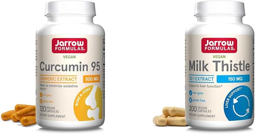 Jarrow Formulas Curcumin 95 500mg - Upp till 120 portioner (Veggie Caps) & Milk Thistle 150 mg med 30:1 Standardiserad Silymarin Extract
