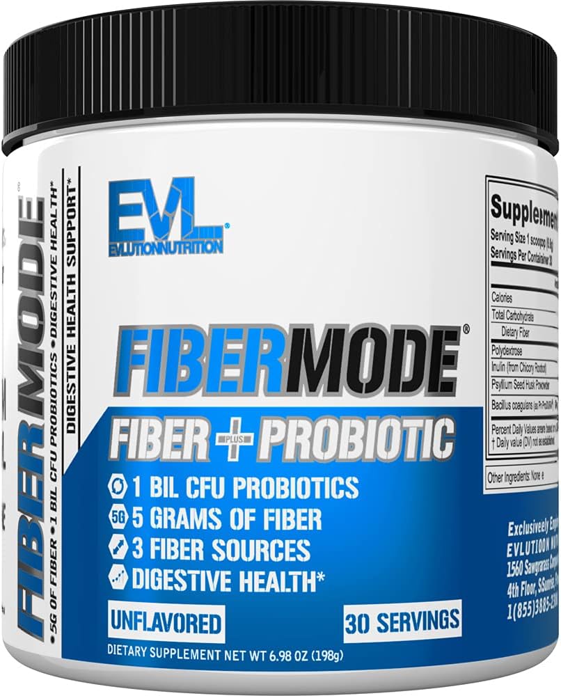 Evlution Nutrition FiberMode - Fibra + Polvere Probiotica - Salute Digestiva & Supporto Immune - 1bil CFU Probiotici + 5g Fibra - Gluten Free & Vegan - Non aromatizzato - Integratore alimentare - 30 Serve