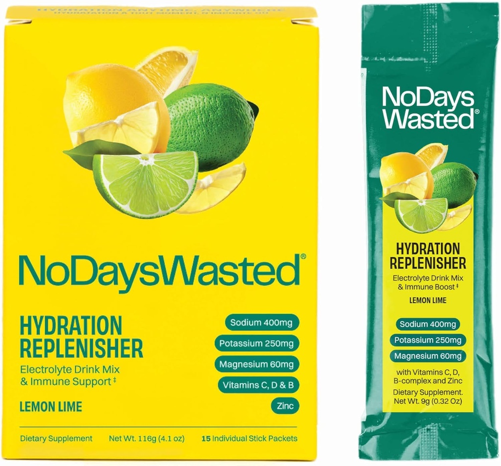 No Days istehsalatlı Hydration Replenisher 15 Count - Electrolyte Toz İçki Mix - Limon Lime - Yardım üçün Rehydizing Plus Vitaminlər üçün sodyum və Pium (15 Count)
