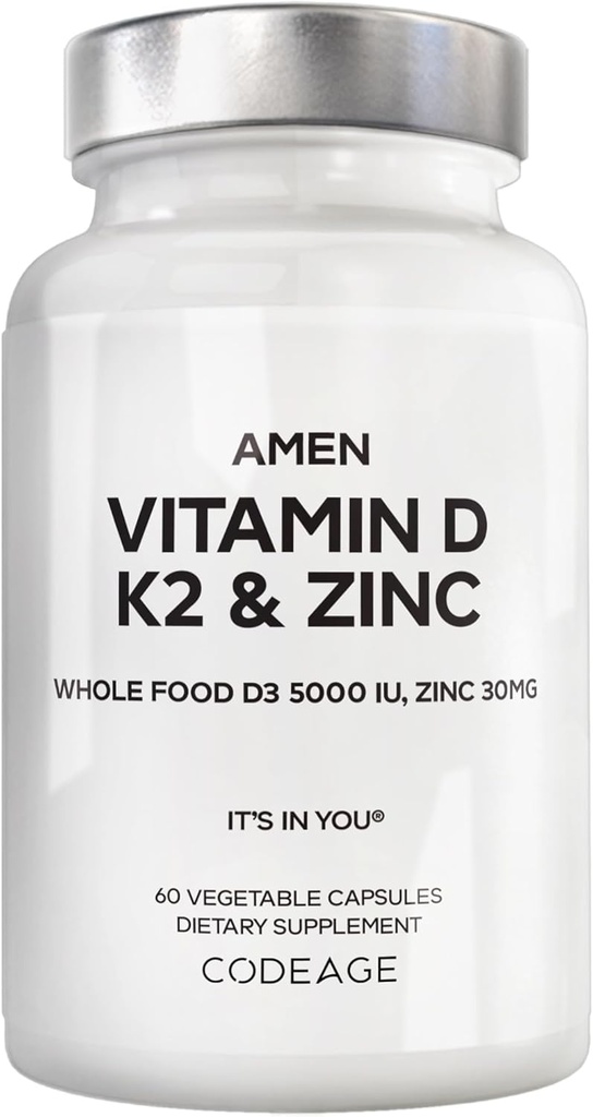 Amen Vitamina D, K2 & Zinco, Colecalciferol D3 5000 UI, mistura orgânica de alimentos inteiros com maçã, mirtilo, cranberry, Elderberry em pó frutas, Vegan Suplemento, D3 K2 Vitaminas, Não-GMO - 60 Cápsulas