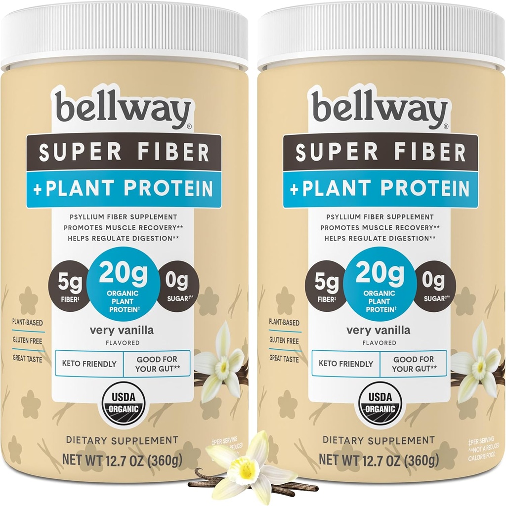 Bellway Super Fiber + Protein Powder (2 Pack), Sugar-Free Orgánico Psyllium Hier Suplemento Polvo con 20g Proteína vegetal por ser, Very Vanilla, 24.14 oz
