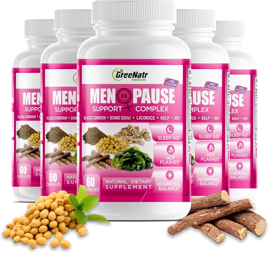 GreeNatr Herbal Menopauze Ondersteuning Complex voor Hot Flashes, Night Sweats & Mood Swings Relief. Promoot Balanced Hormone Levels - Black Cohosh, Dong Quai, Licorice Root & Kelp Leaves (6 flessen)