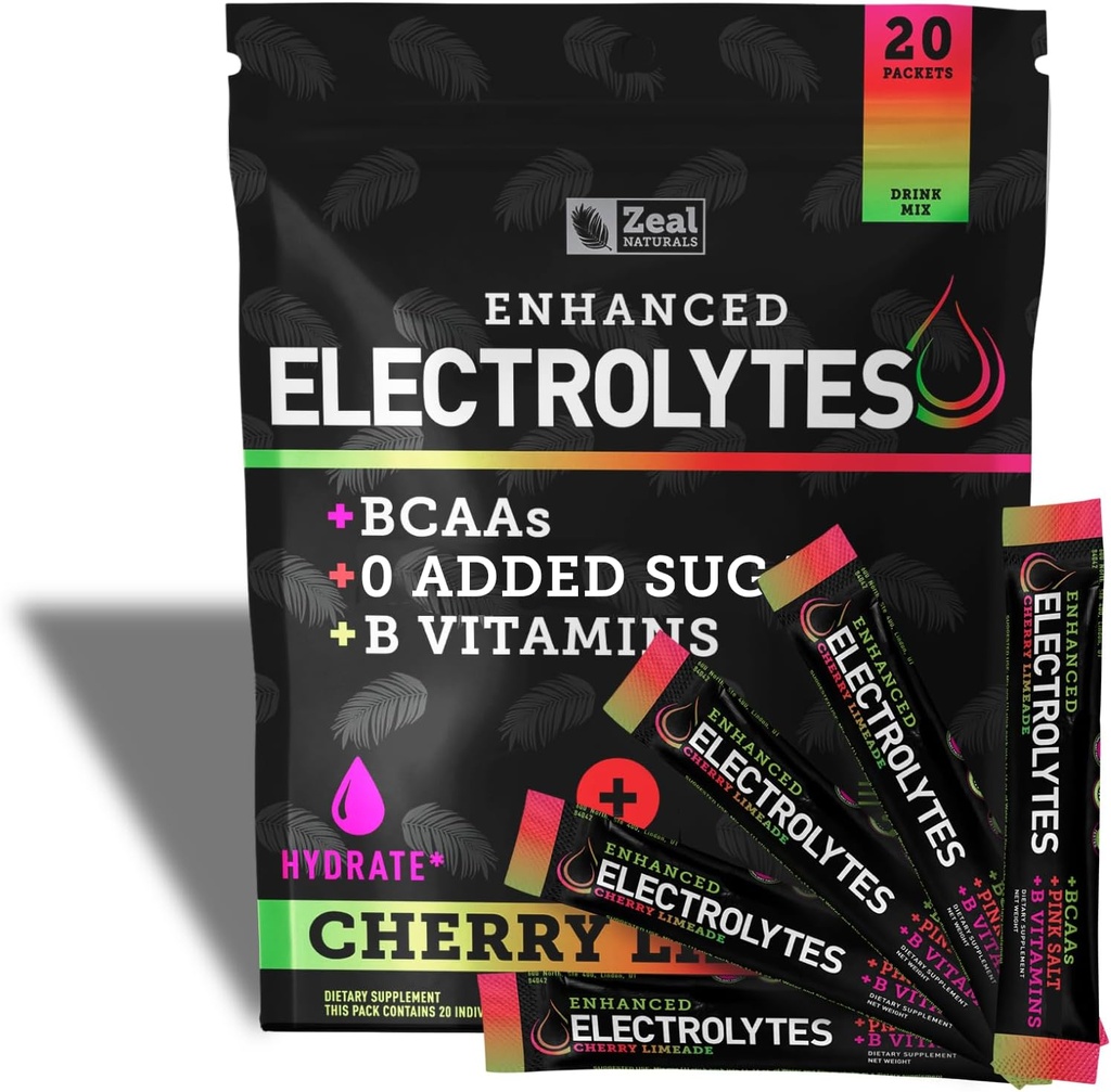 Impulsado Electrolyte Powder Stick Packs (Cherry Limeade | 20 Packets) w/ 0 Sugar +BCAAs +B-Vitamins Electrolyte Supplement w Potassium Zinc & Magnesio para a hidratación - Keto Electrolytes