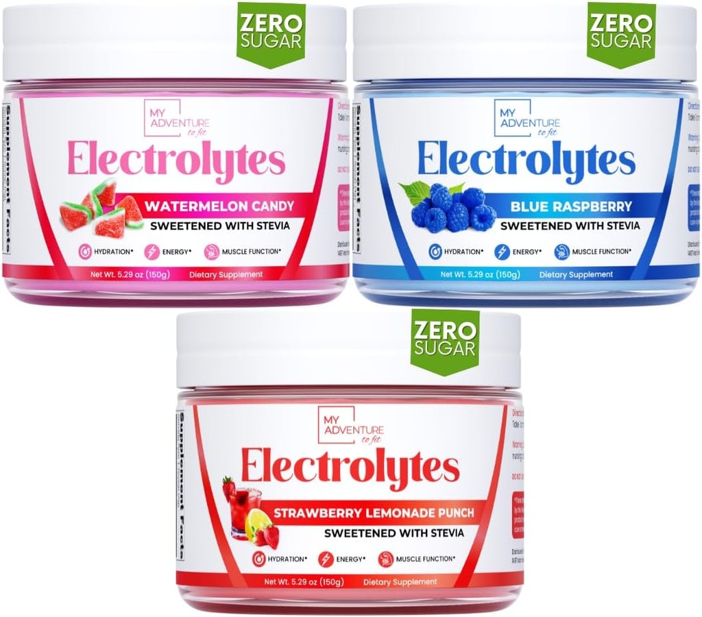 Mon aventure à l'ajustement rafraîchissant électrolytes en poudre avec Zero Sugar, Bundle, Blue Raspberry & Watermelon Candy & Strawberry Lemonade Saveurs