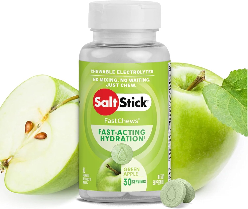 SaltStick Electrolyte FastChews - 60 Green Apple Chewable Electrolytes - 달리기와 Hydration, Electrolyte Chews를위한 소금 정제 - 60 개