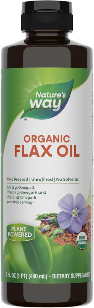Nature's Way Organic Flax Oil, USDA Sertifikalı Organic, Omega-3, 6, 9, Cold Pressed, 16 Fl Oz (Paket May Vary)
