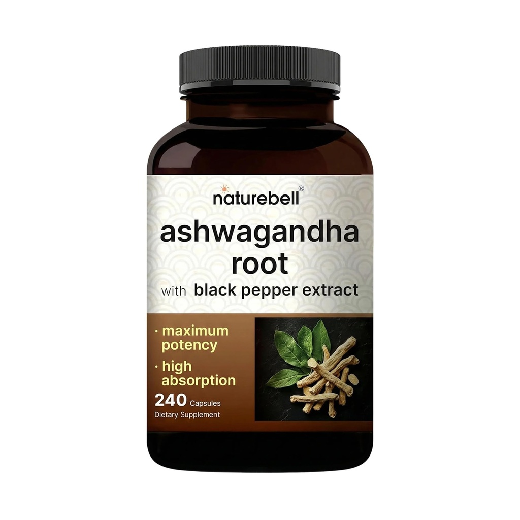 NatureBell Ashwagandha Root with Black Pepper Extract - 240 Capsules - High Strength Adaptogen for Calmness, Relaxation & Immune Support*