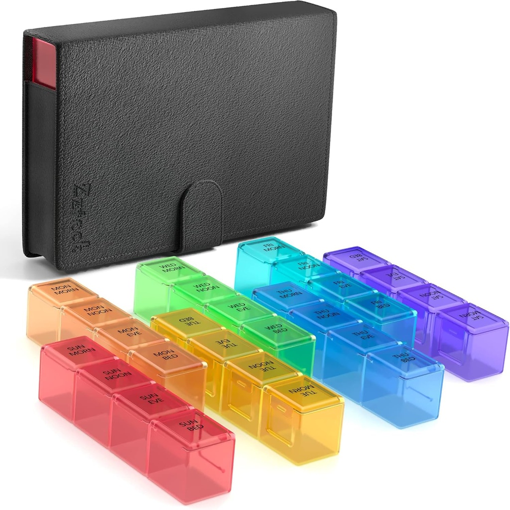 Dziļāki un lielāki iecirkņi Ikdienas Pill Organizators AM PM Medicine Pill Box, 7-Day Weekly Holder - Zzteck PU Ādas ceļojumu Case Day Night Large Medicin Reminder Dispenser Vitamīna turētājs Konteiners