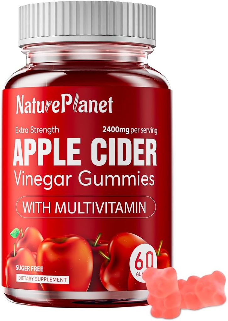 NaturePlanet Apple Cider Vinegar Gummies, 2400 MG ACV Gummies con multivitamínico, Vegan, Non-GMO, Gluten Free, 60 Gummies